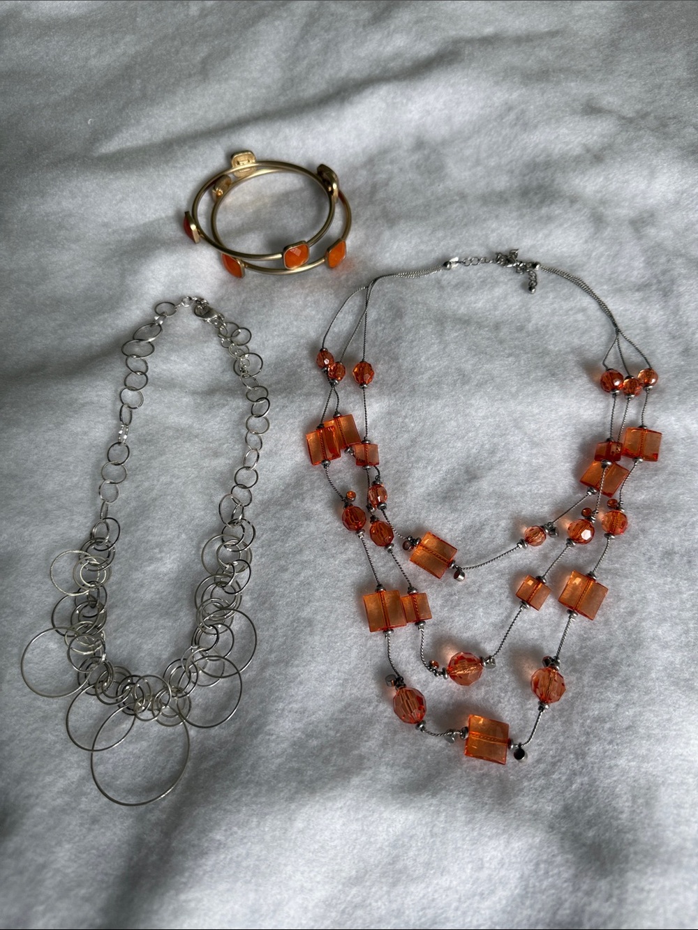 2 Necklaces and Bracelet Set: Orange Beaded Multi-Strand Necklace